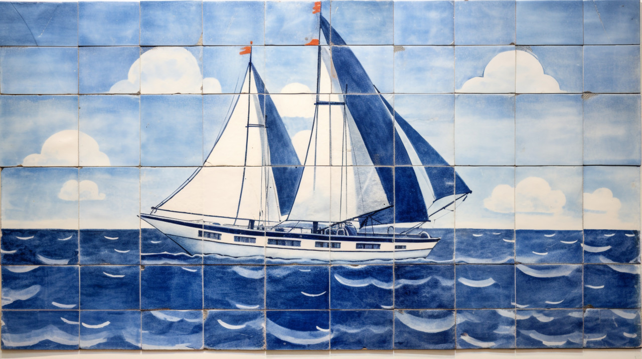 Sailboat in blue and white tiles, azulejo art