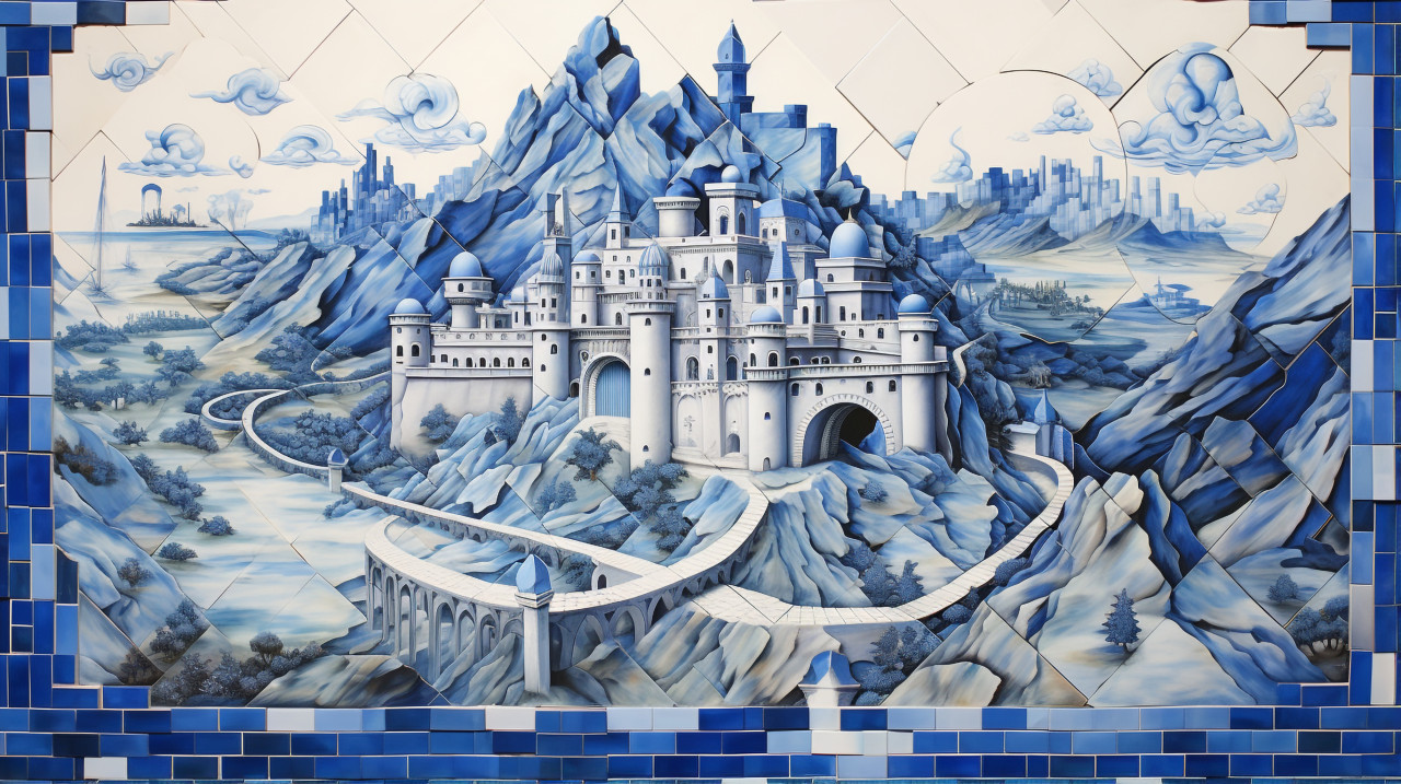 A ceramic tile painting shows a map of medieval castle in a place, azulejo art