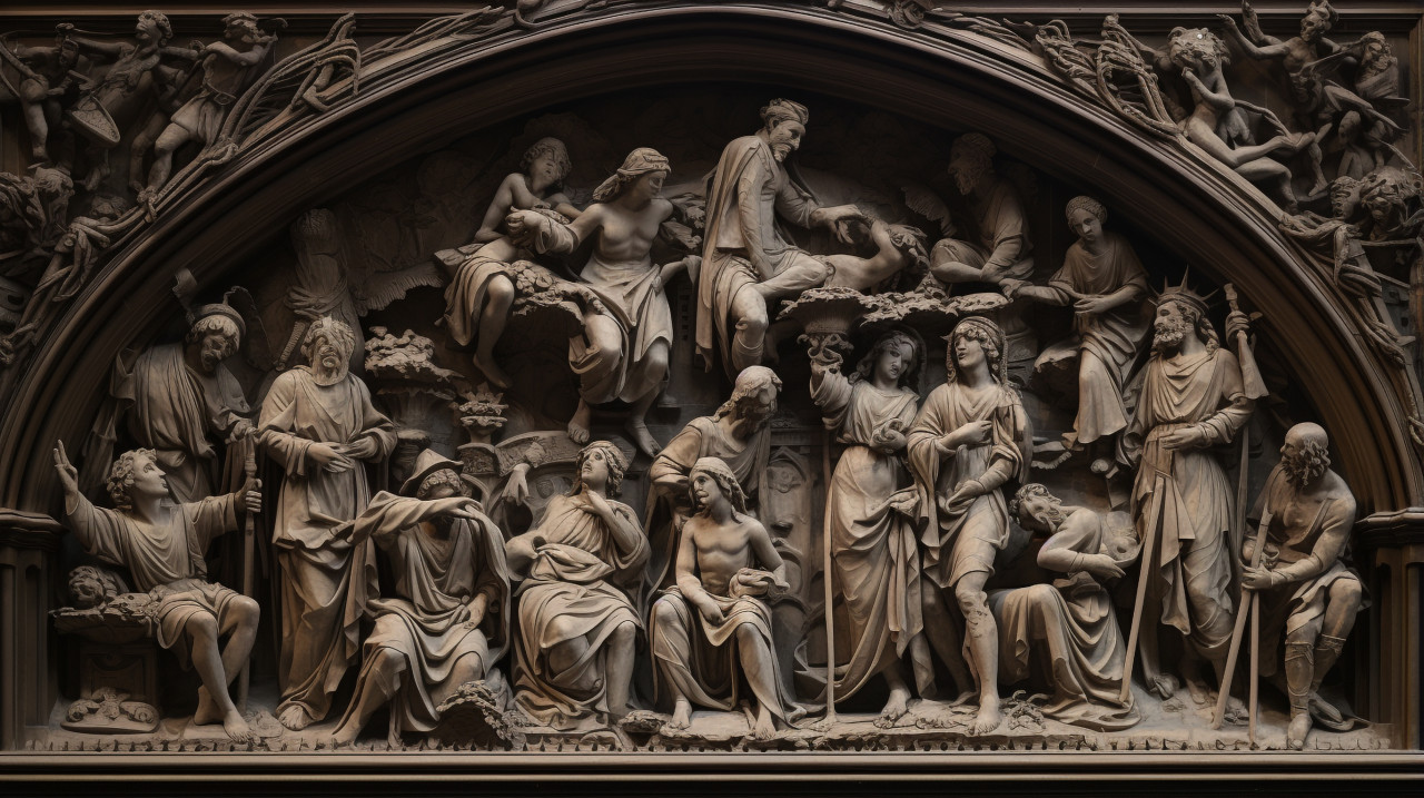 Carved stone figurative reliefs on the ceiling, bas relief art