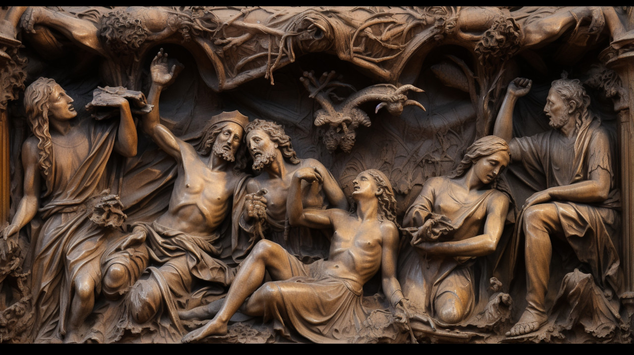 Figurative stone reliefs on ceiling, bas relief art