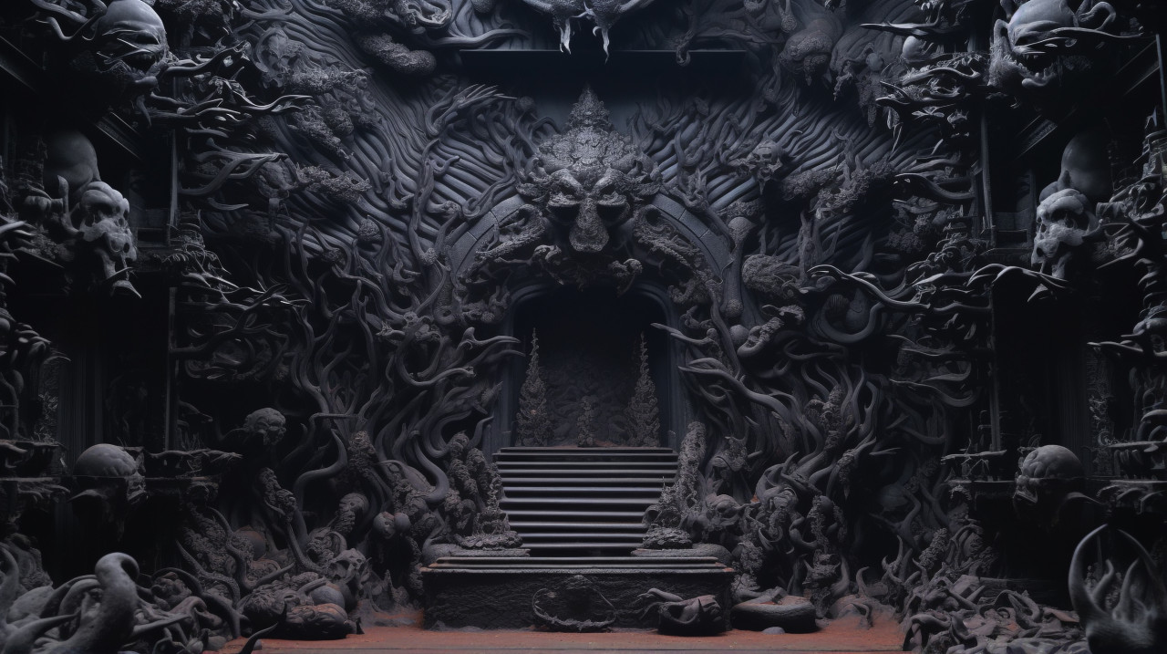 The black wall of an ancient structure that has some chinese decorations on it, bas relief art