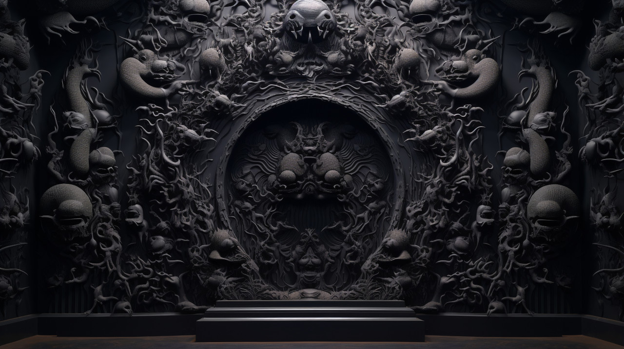 Ancient chinese wall with black decorations, bas relief art