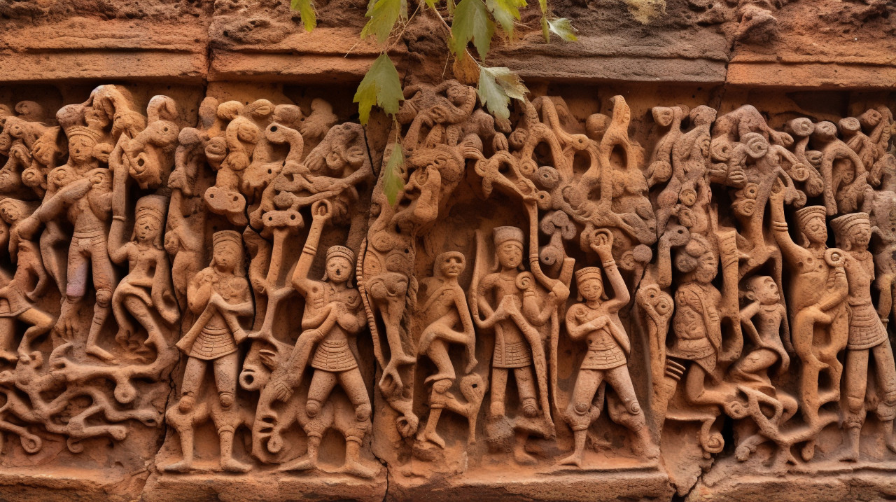 Carvings on the stone wall of the old temple area, bas relief art