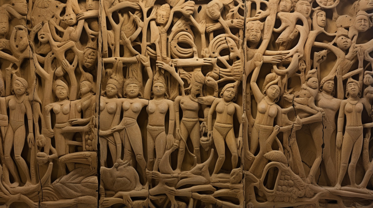 Carvings of gods and goddesses on temple wall, bas relief art