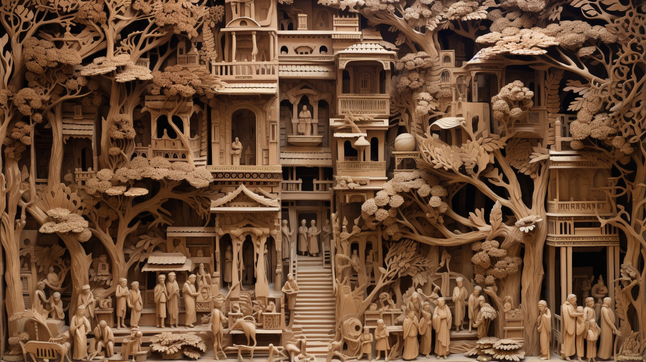 Diverse people carved in architectural relief, bas relief art