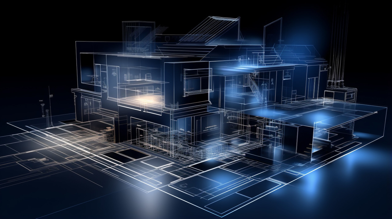Blueprints for a modern office building, blueprint style