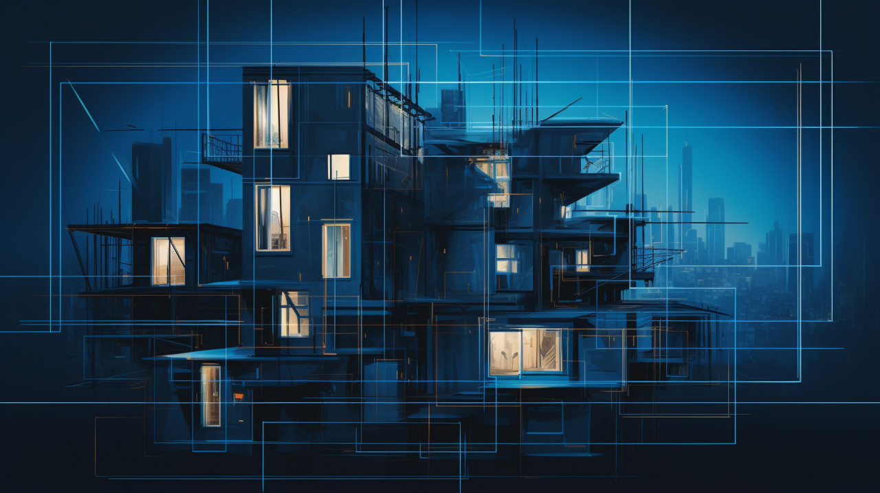 Blueprint city architecture in the background, blueprint style