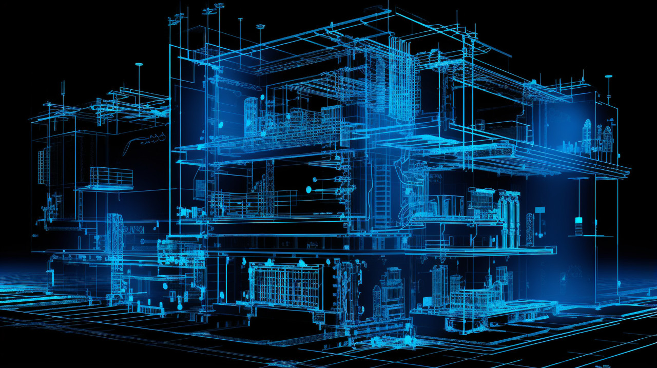 3d scanned blueprints and plans of an architectural building, blueprint style