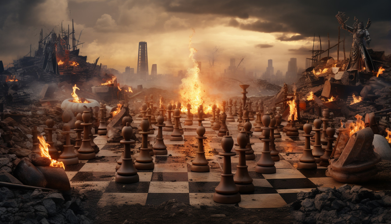Chess pieces that are being destroyed on the checkered board, board game style art