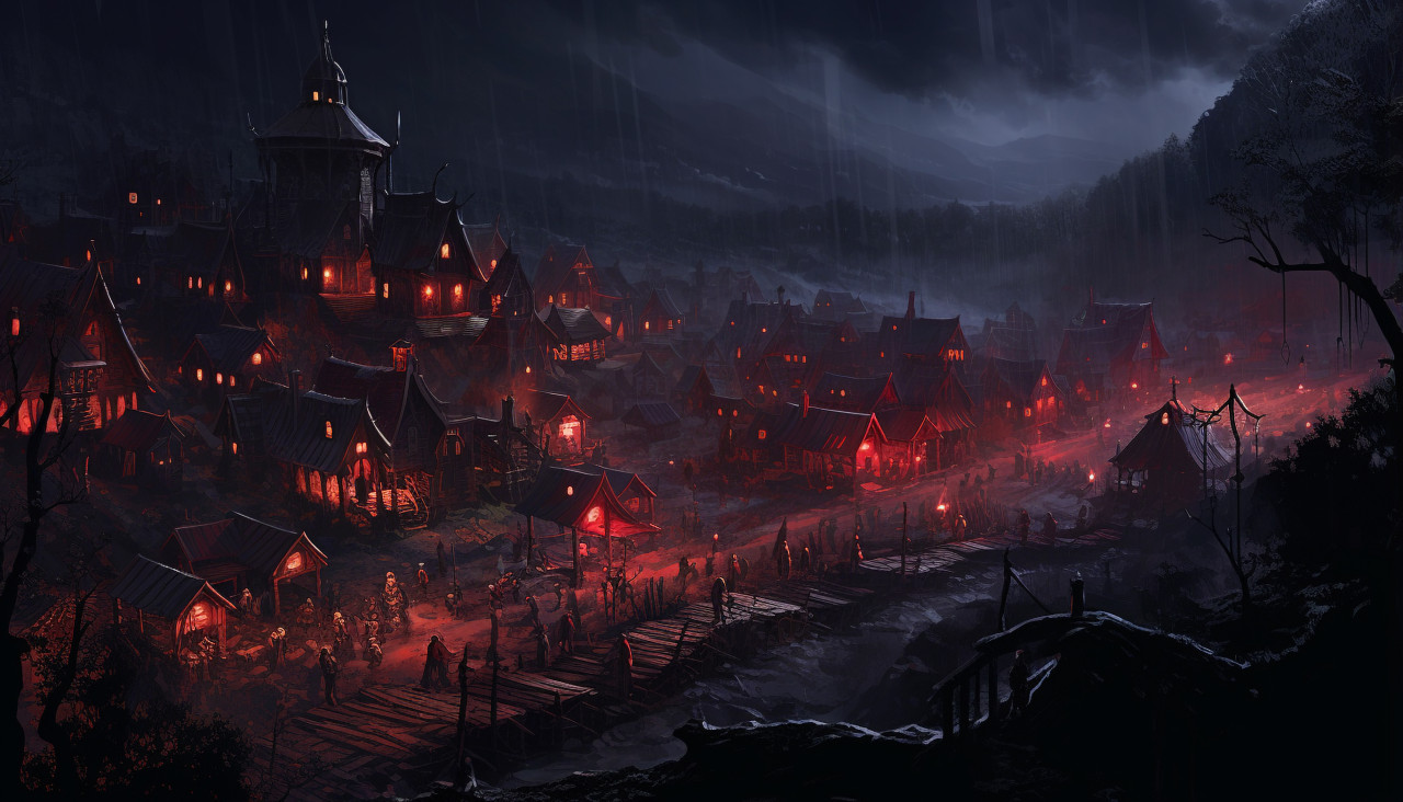 Older sidhe city at night with lights behind a village, board game style art