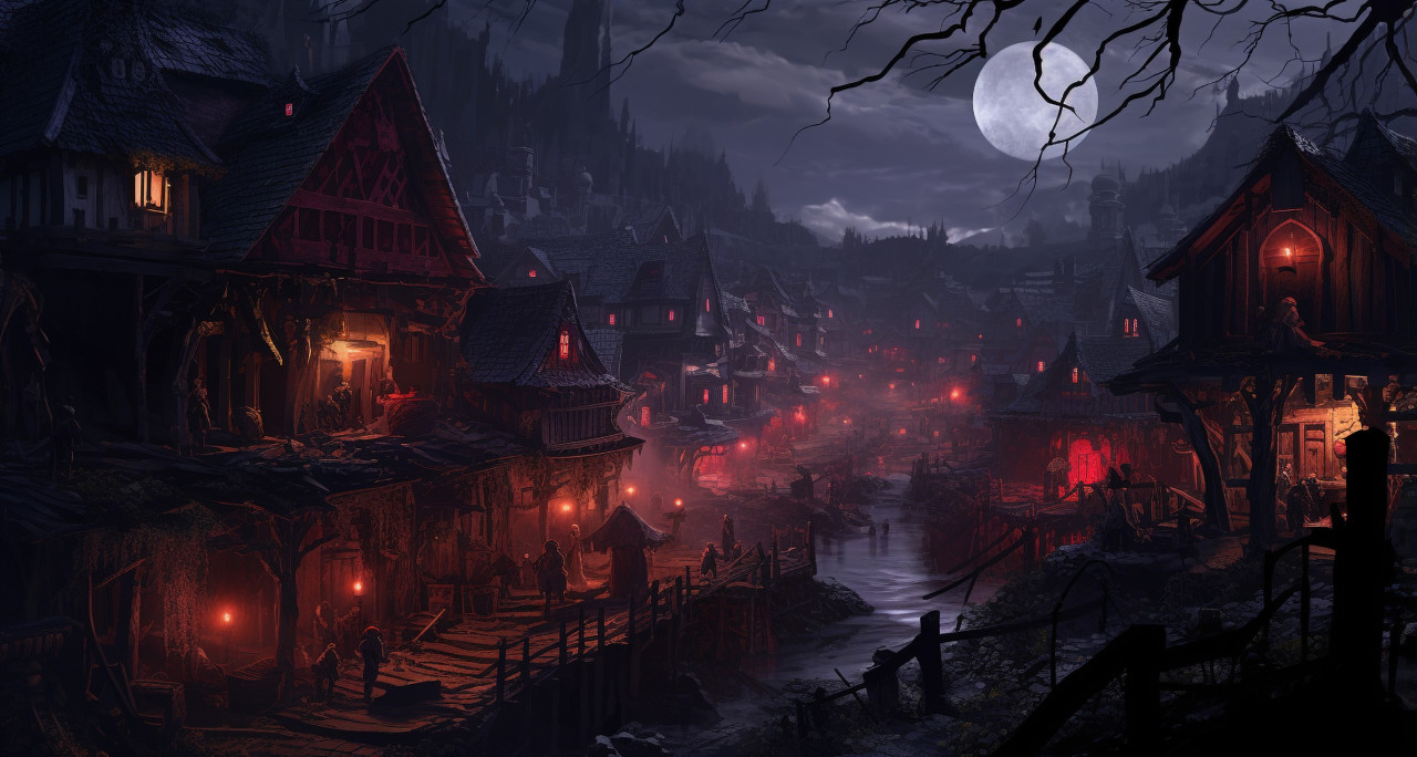 Village lights in the night sky, board game style art