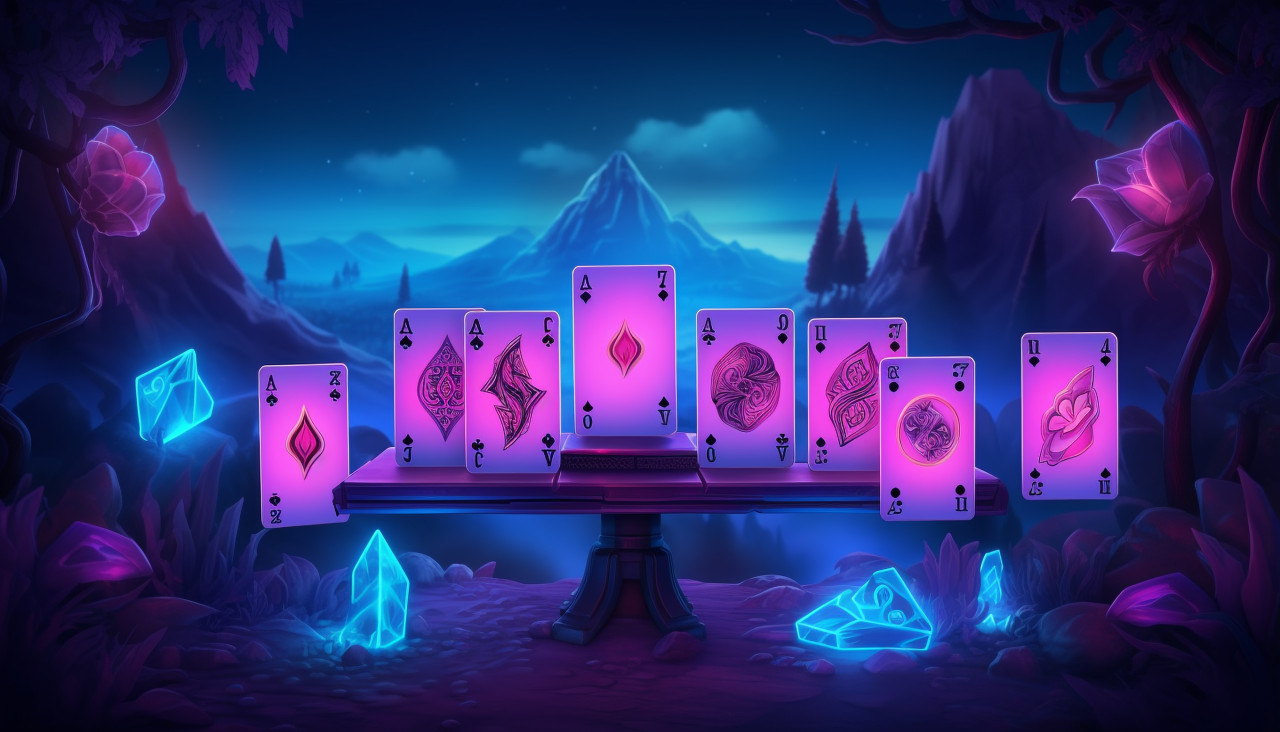 Six poker cards are illuminated on a purple or blue background, board game style art