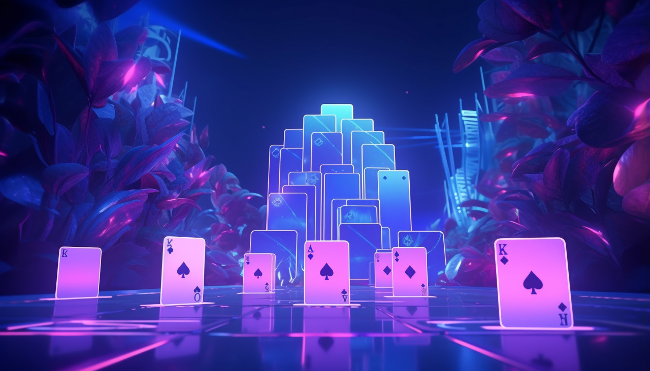 Poker playing cards glow purple under neon lights, board game style art