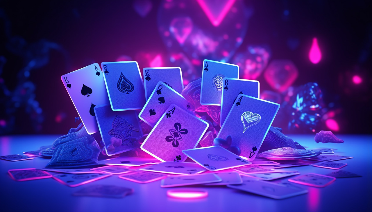 Poker cards glow purple in neon light, board game style art