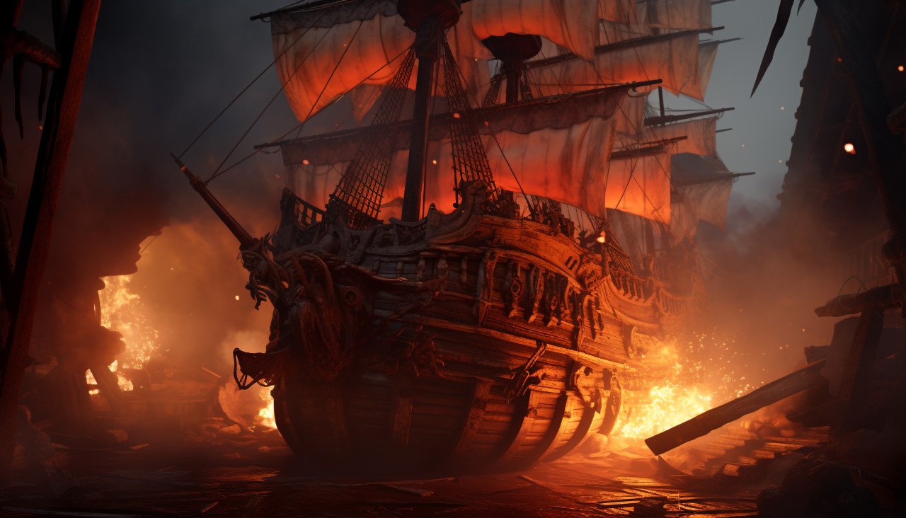 A pirate ship full of smoke and fire, board game style art