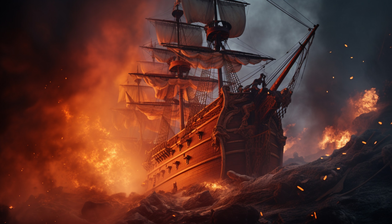Pirate ship in flames, board game style art