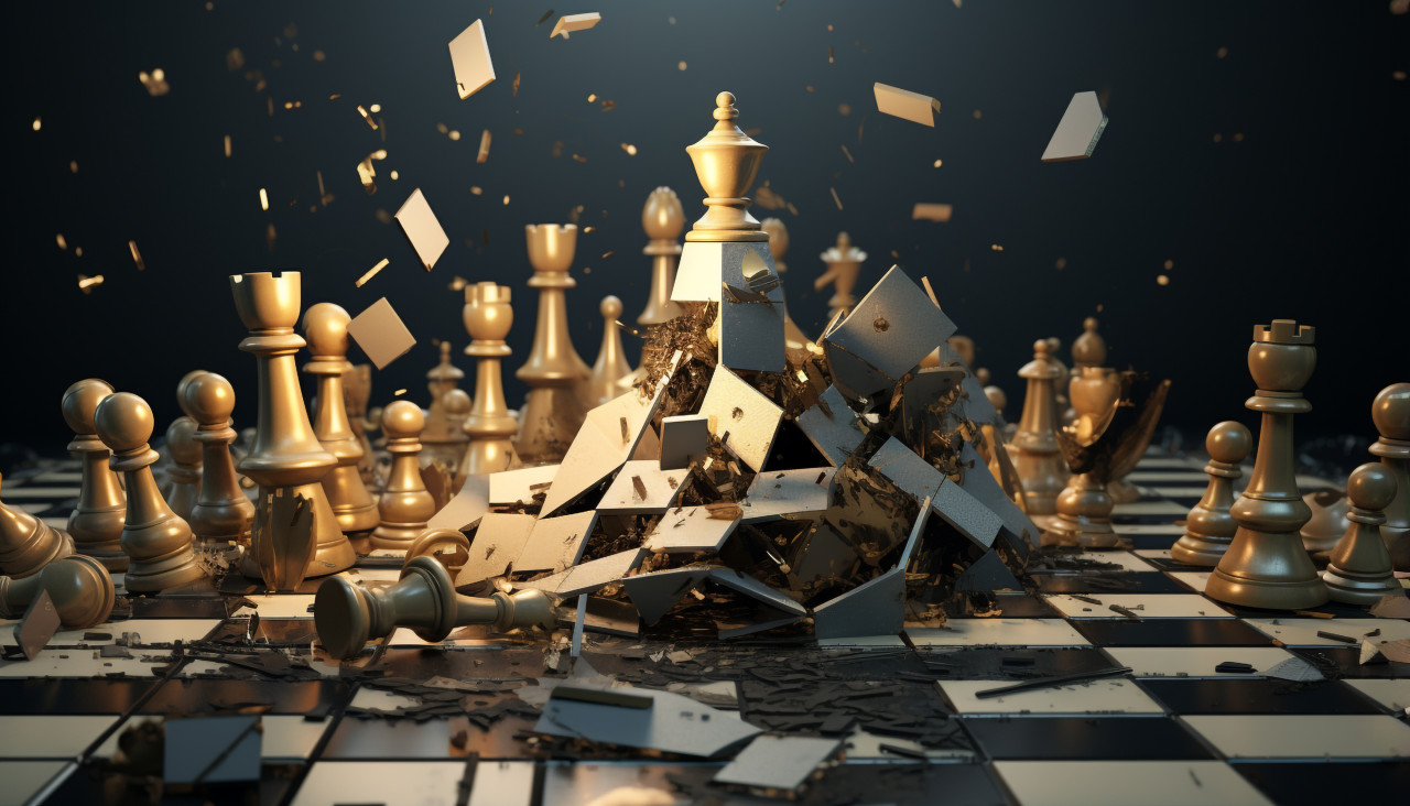 Chess pieces fall on an empty chessboard, board game style art