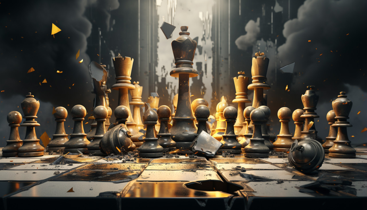 Chess pieces tumble onto empty board, board game style art