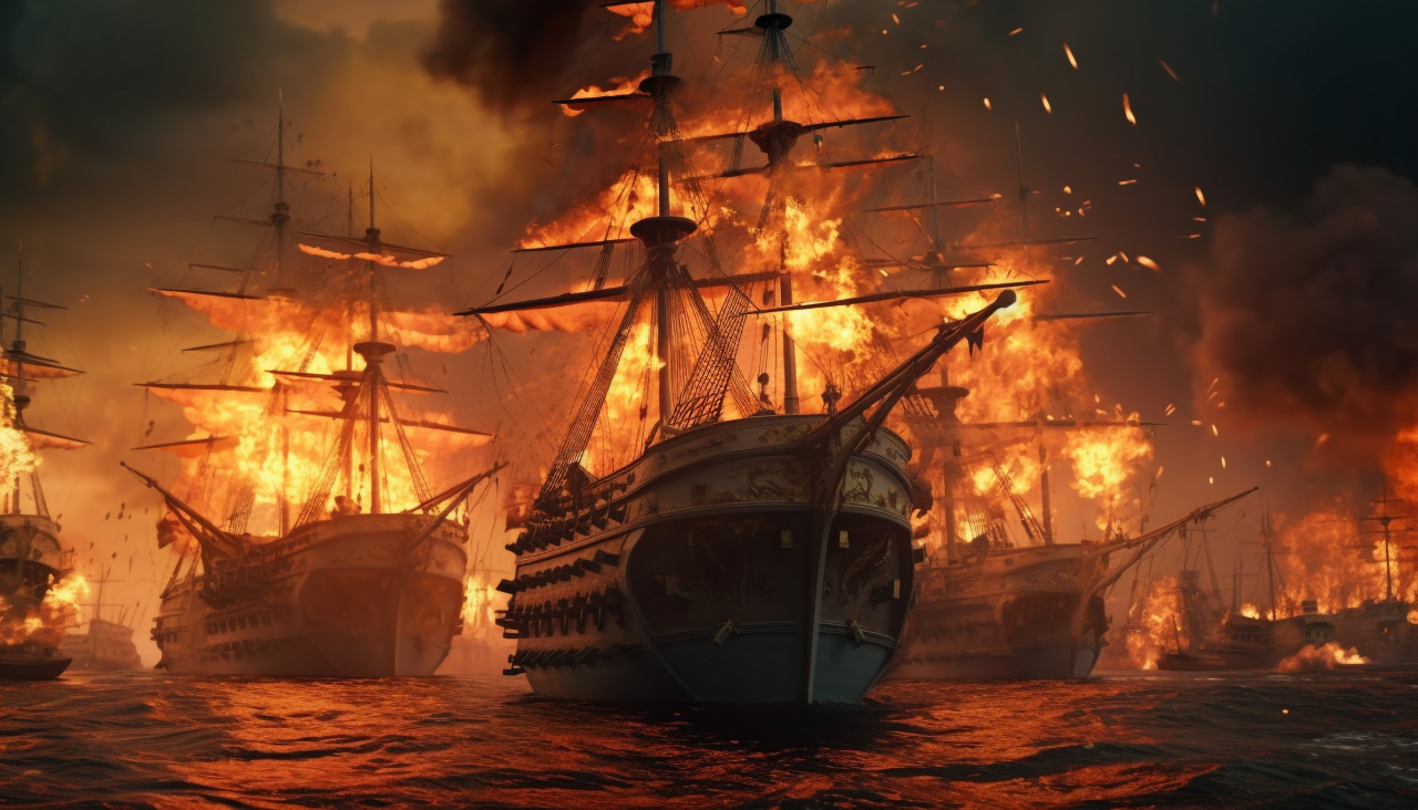 Battle royale ships are fighting against intense fire, board game style art