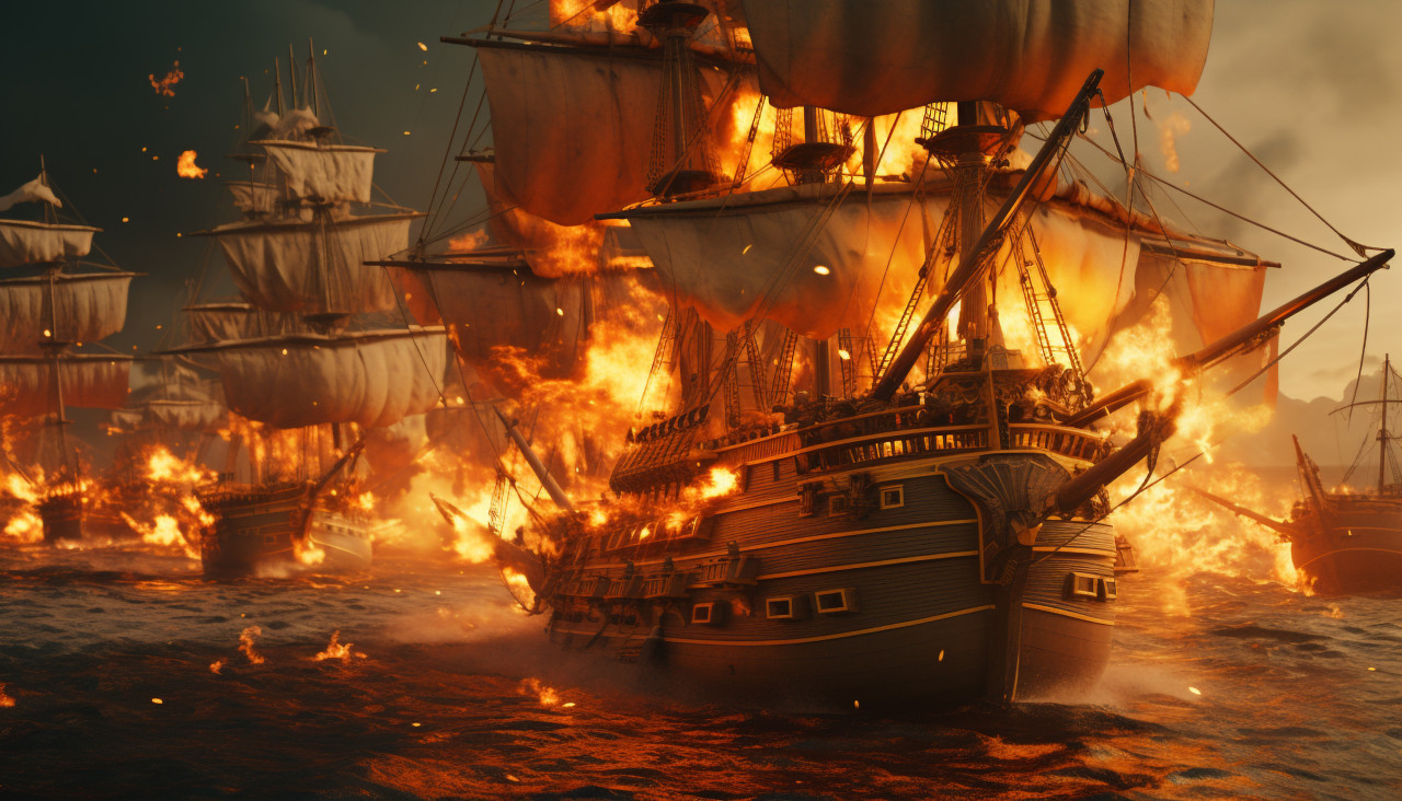 Ships struggling to survive sea of fire, board game style art