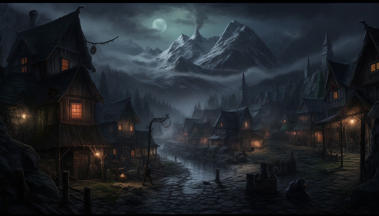 A mountain village scene with a candle, board game style art