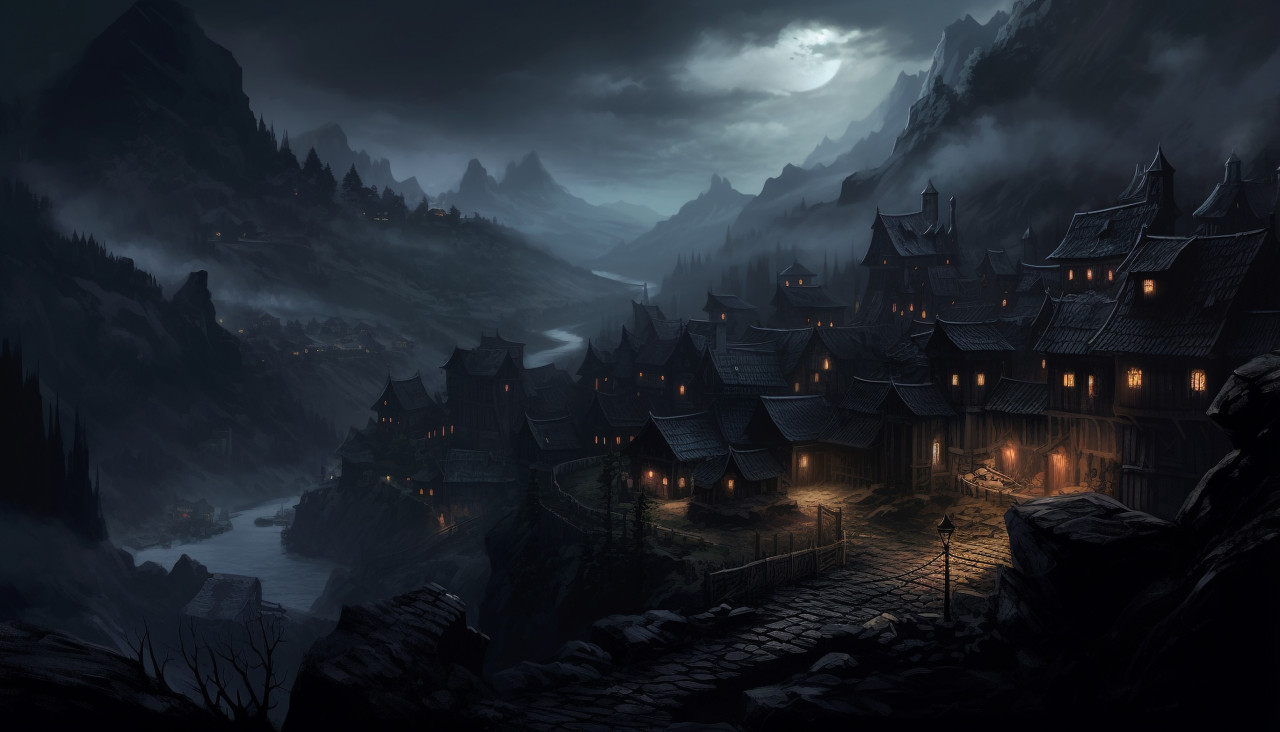 A dark mountainous village with glowing lights, board game style art