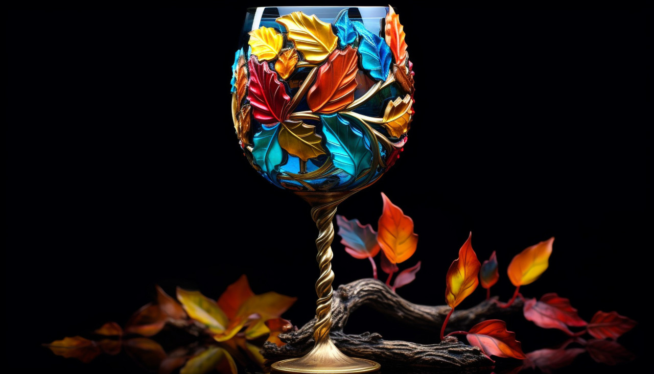A colorful wine glass with a gold and leaves, carnival glass style art