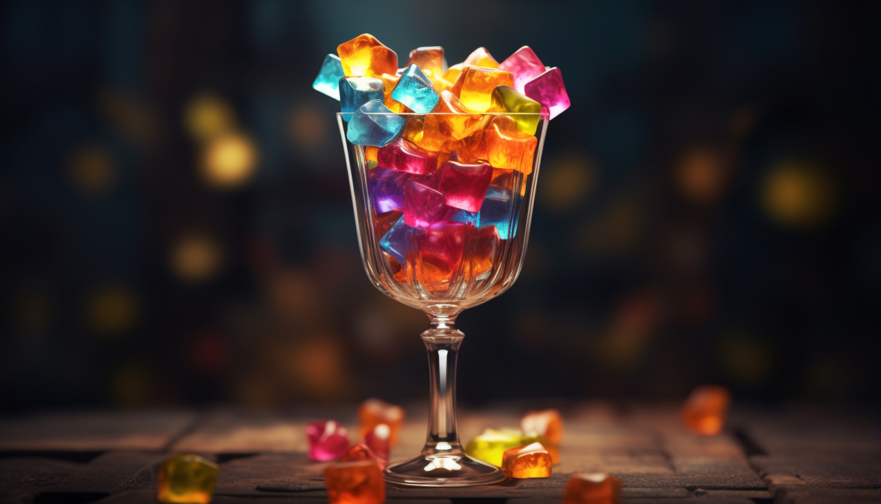 A cocktail glass filled with colorful ice cubes, carnival glass style art