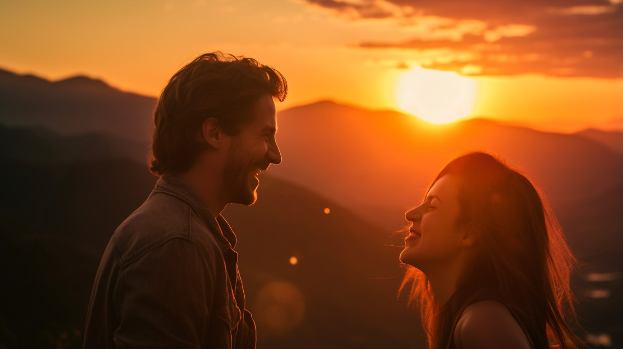A couple laughing as they watch a sunset, mental health