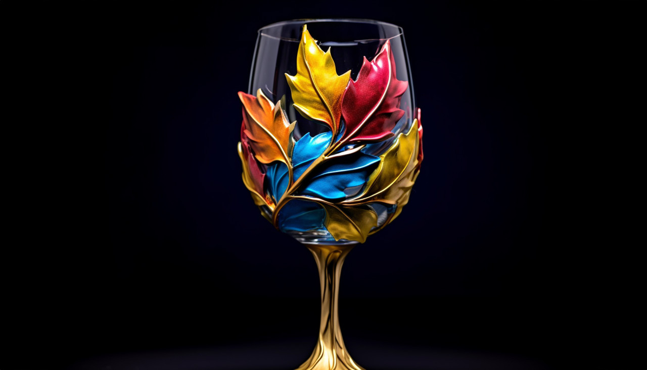 Colorful wine glass with gold and leaves, carnival glass style art
