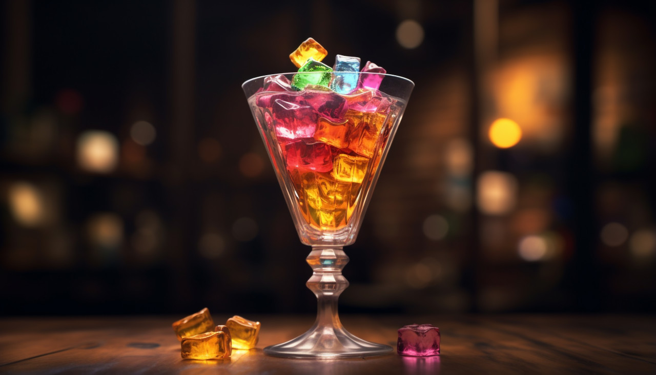Cocktail glass with colorful ice cubes, carnival glass style art