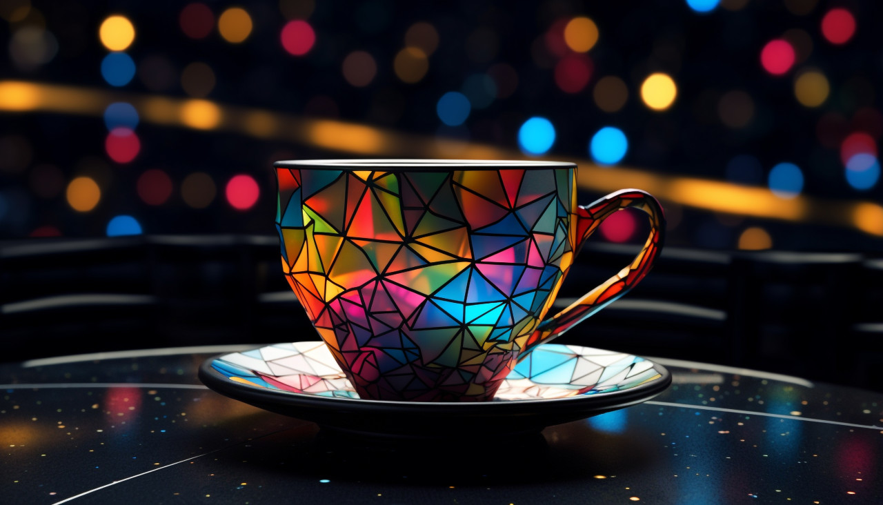A 3d rendering of a futuristic cup on a dark table, carnival glass style art