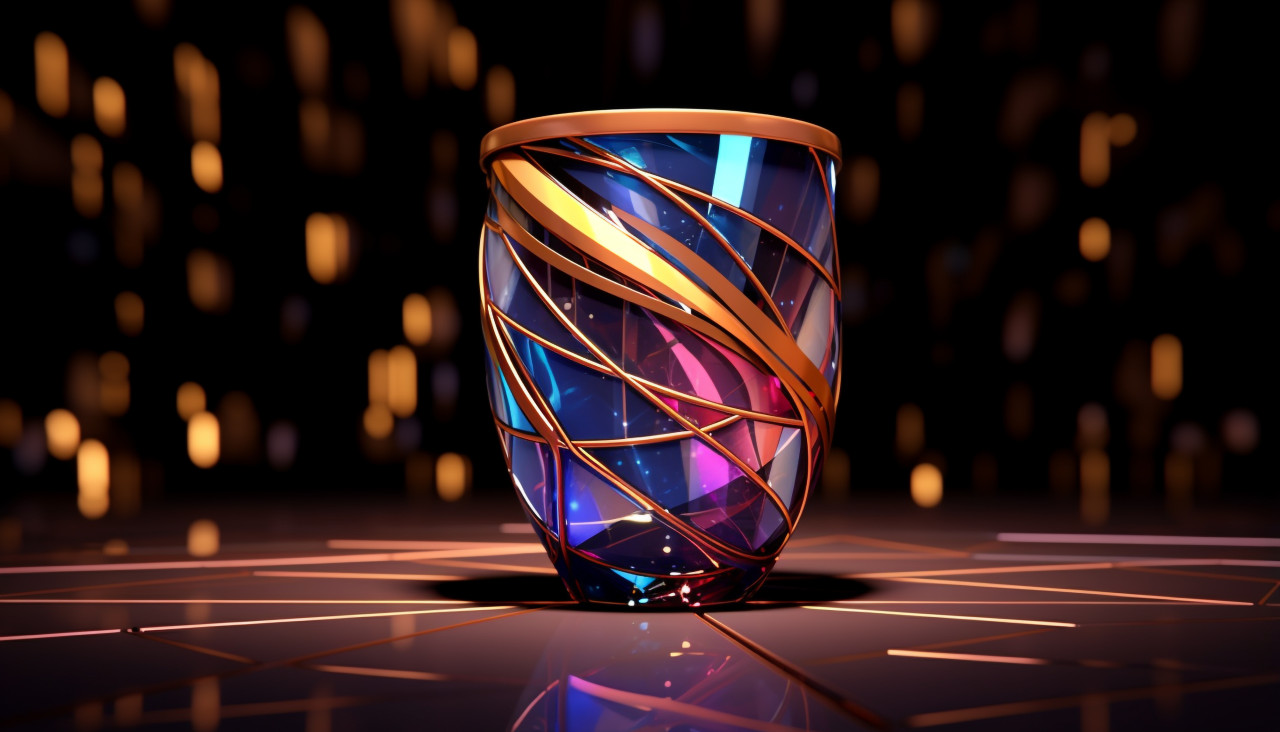 A drink cup is sitting on a glass surface with lights showing, carnival glass style art