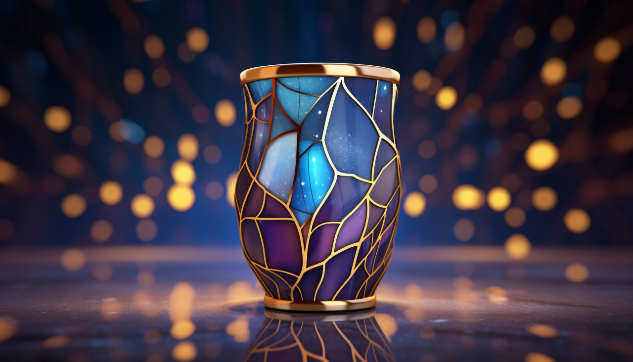 Drink cup on glass table with lights, carnival glass style art