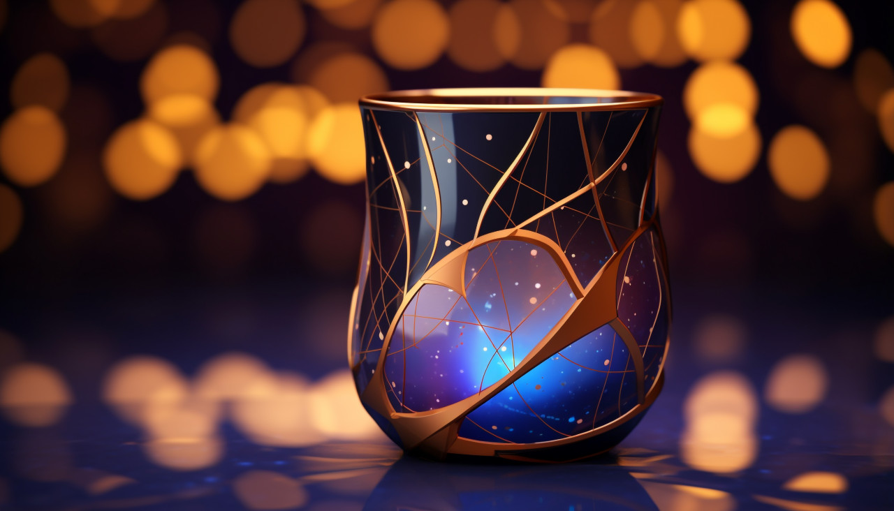 Glass cup with beverage and reflections, carnival glass style art