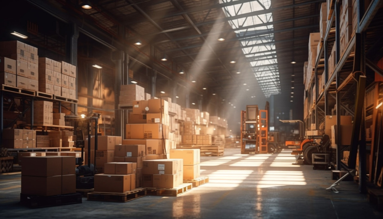 Warehouse robots sorting packages, cartonnage style art