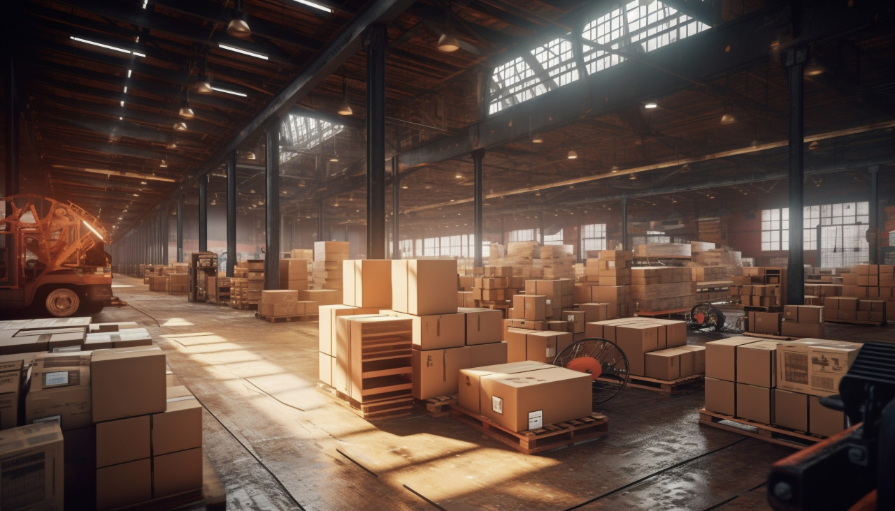 Shipping container stacked in port, cartonnage style art