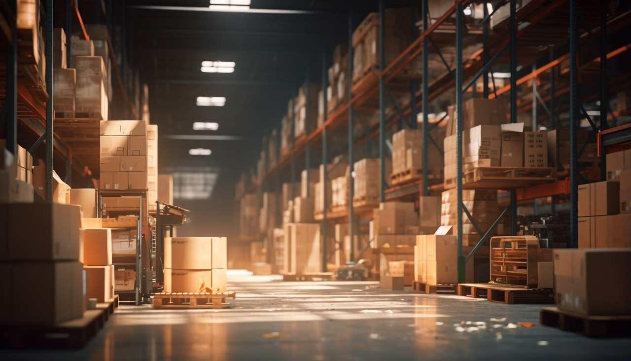 A warehouse is full of boxes, cartonnage style art