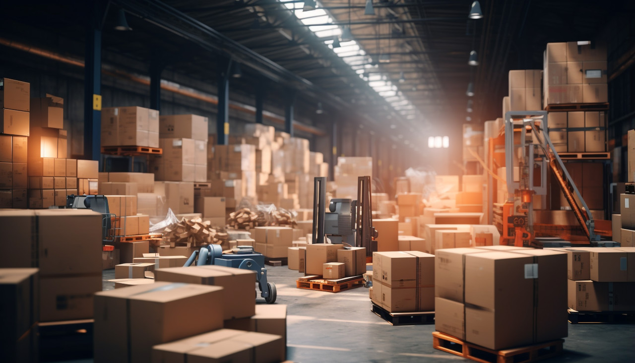 Warehouse filled with boxes, cartonnage style art