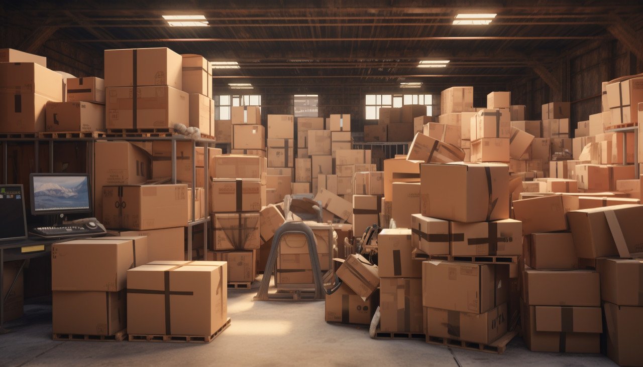 Many boxes piled up in warehouse to protect contents, cartonnage style art