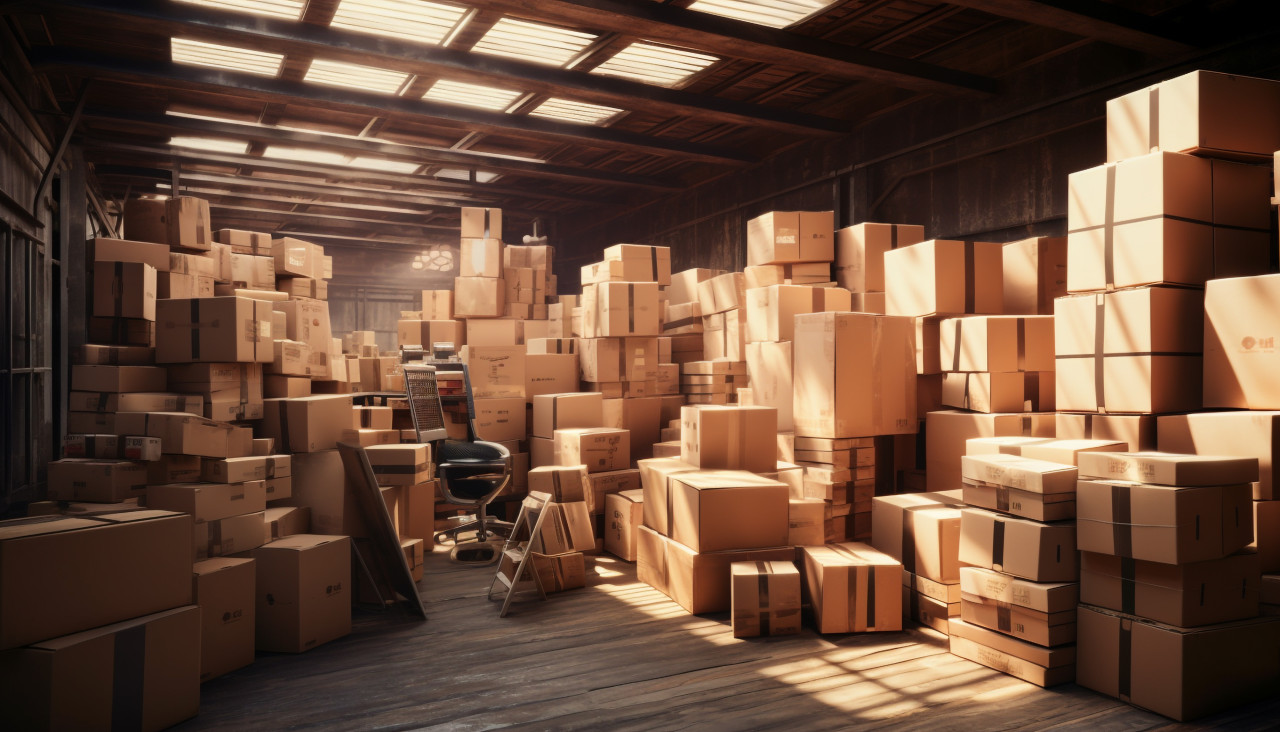 Boxes stacked in warehouse, cartonnage style art