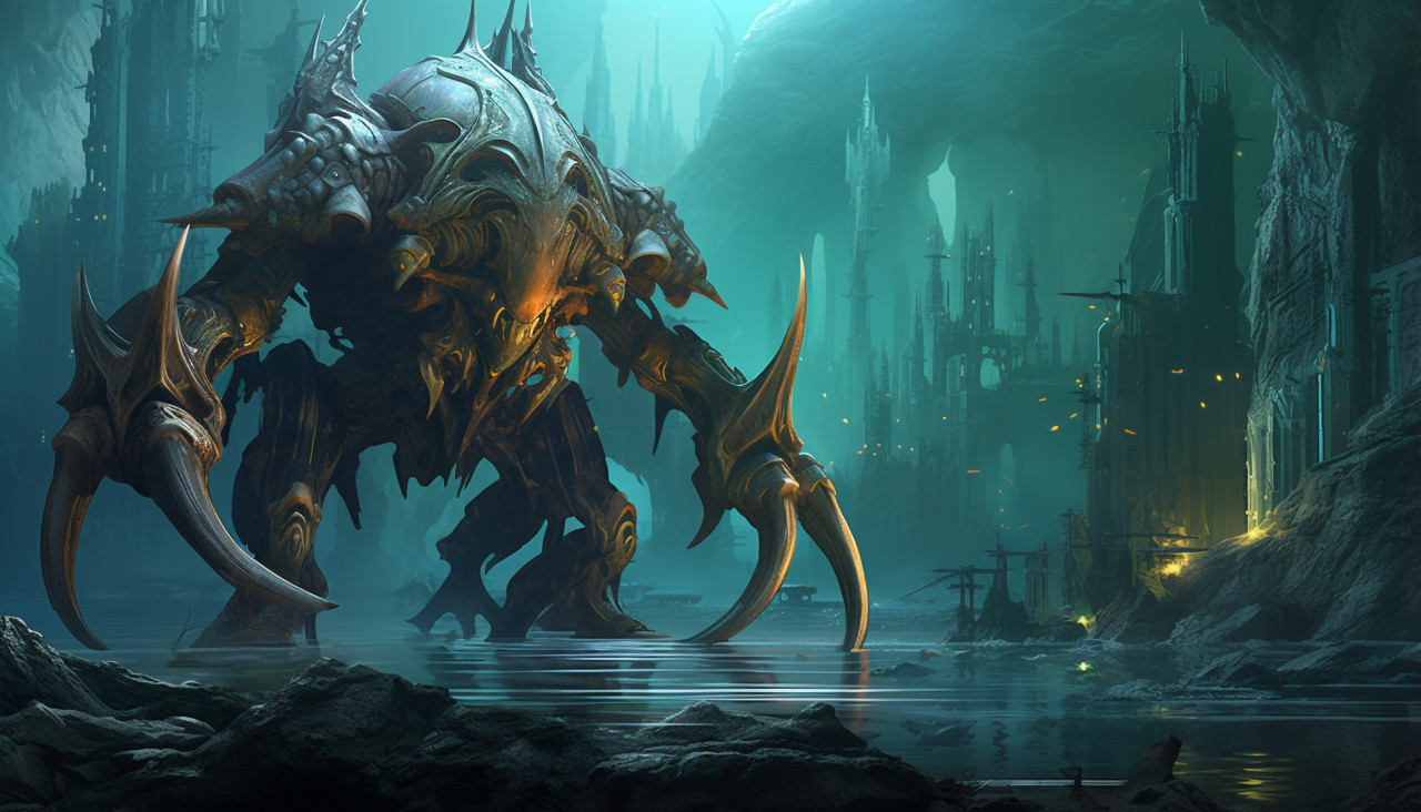 A creature shaped like an octopus wears golden gloves, carving styles art