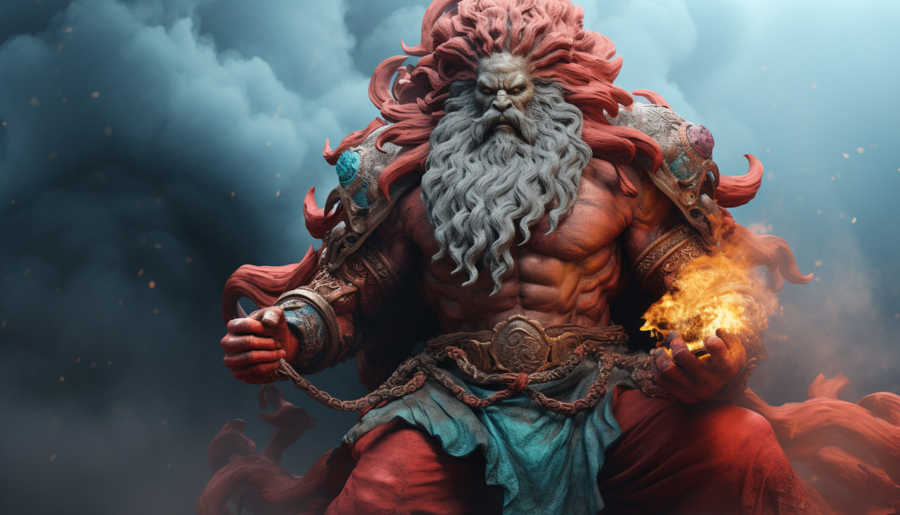 Realistic 3d model of god statue with colorful smoke, carving styles art