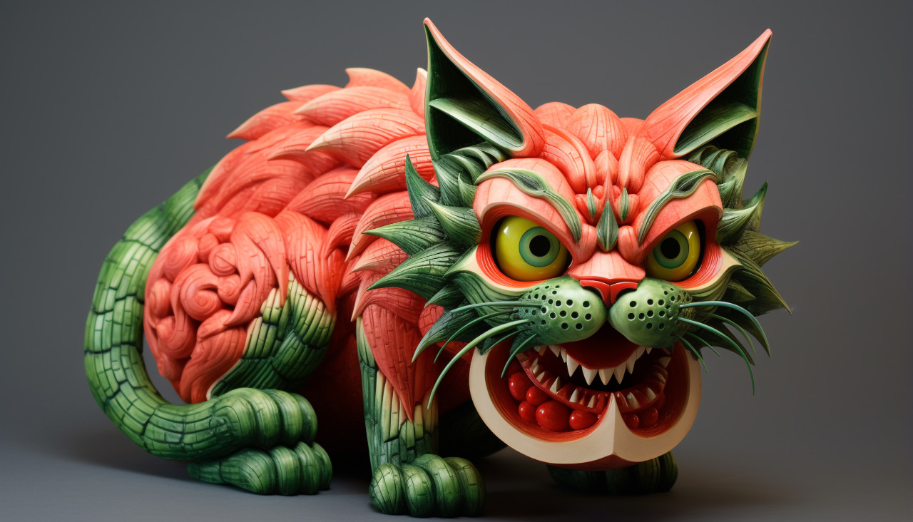 A cat made of watermelon with its jaws open, carving styles art