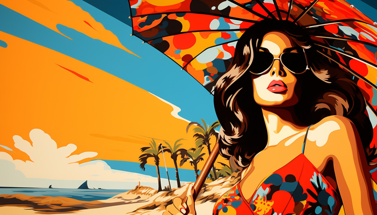 Stylish lady with umbrella in summer painting, collage style art