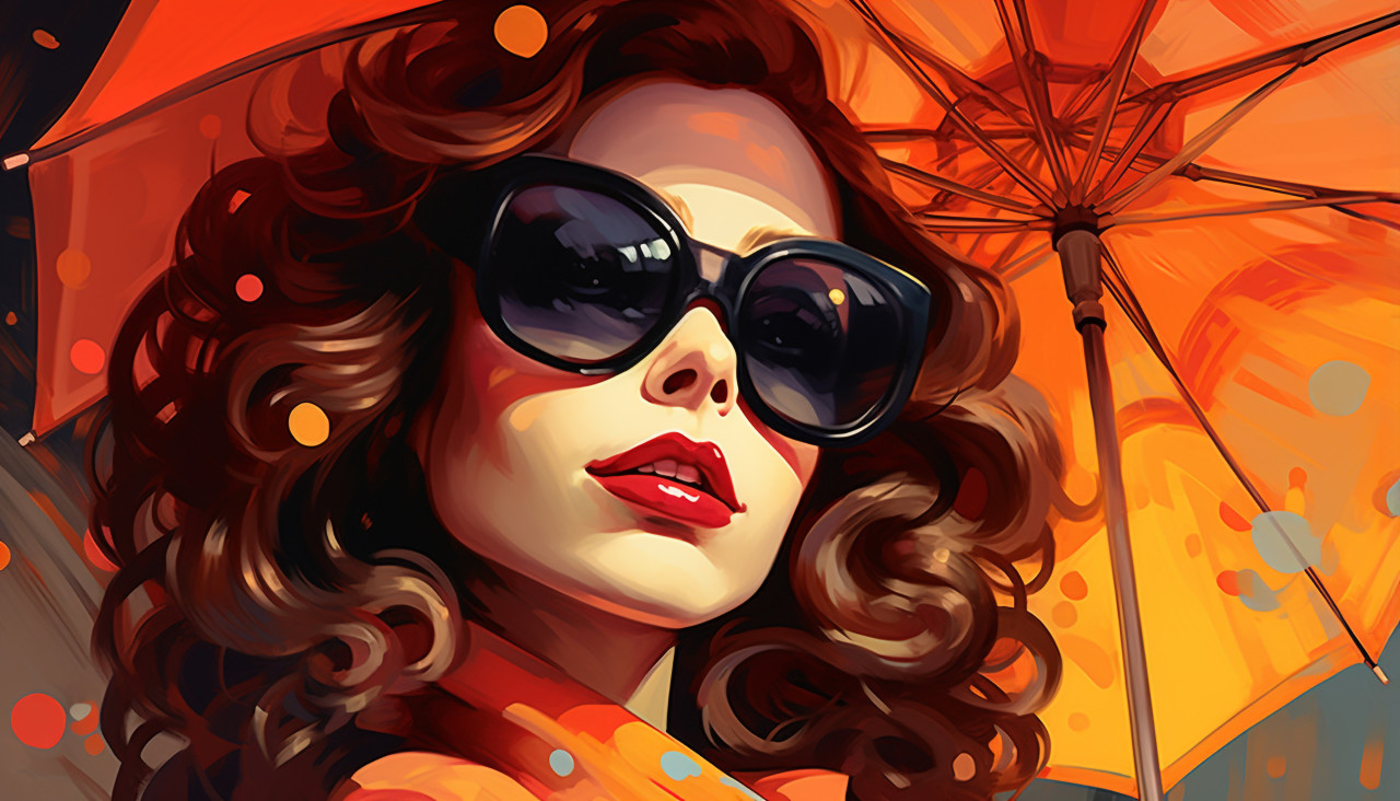 A woman with sunglasses and an umbrella in a vintage picture, collage style art