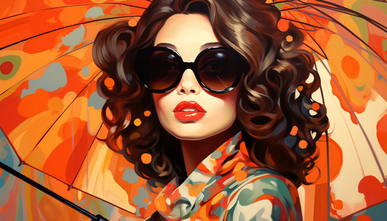 Vintage photo of woman with umbrella and sunglasses, collage style art