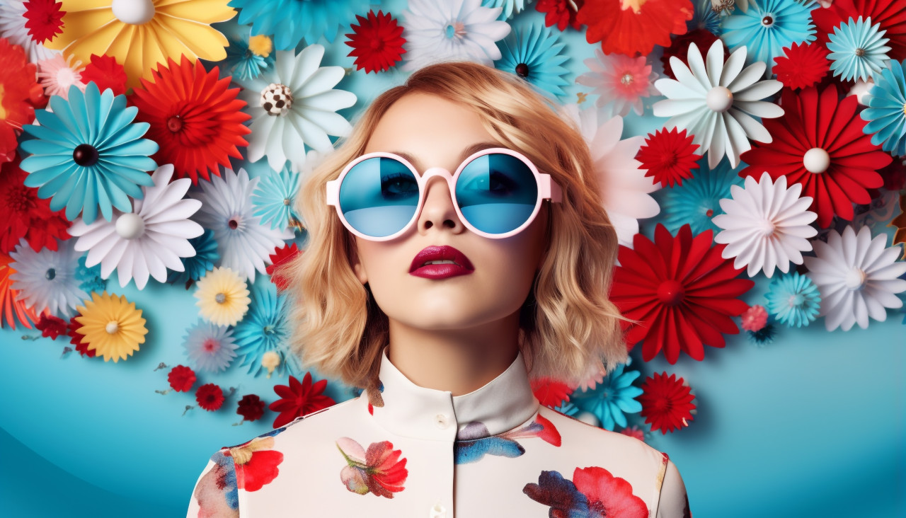 Woman wearing colorful sunglasses in front of floral pattern, collage style art