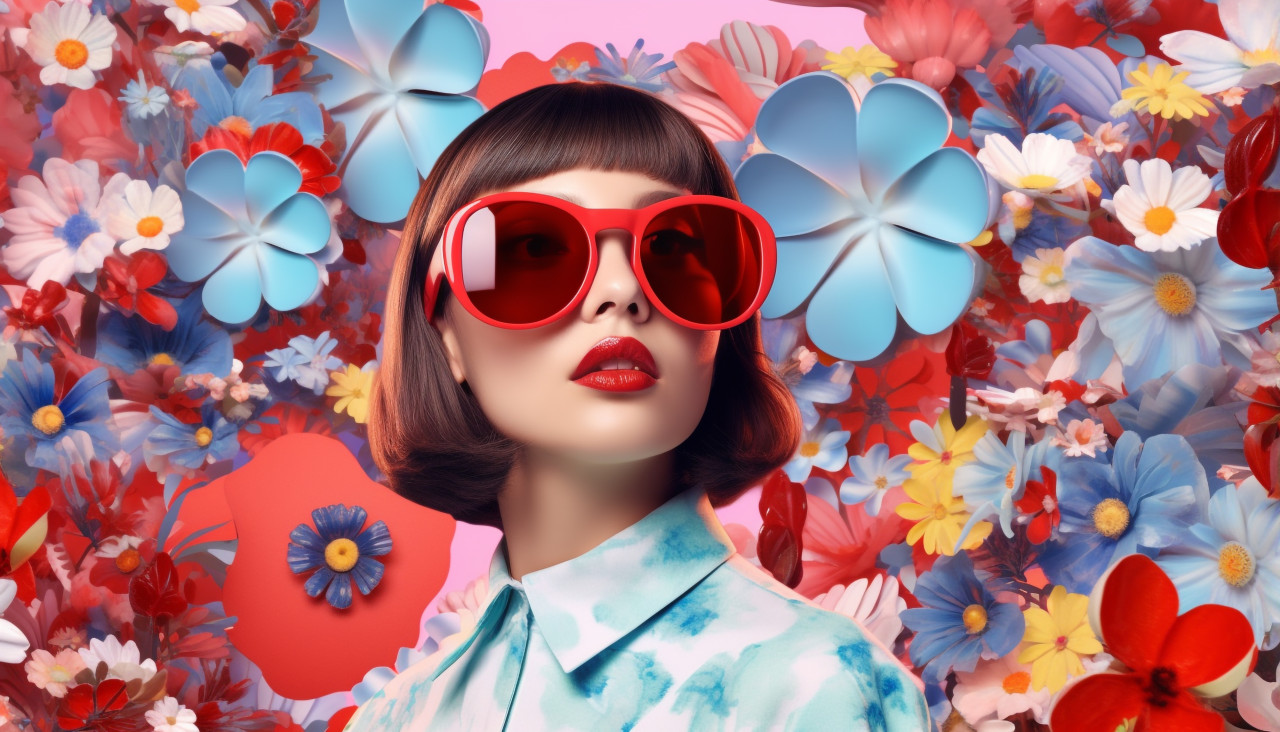 Woman with sunglasses and floral print, collage style art