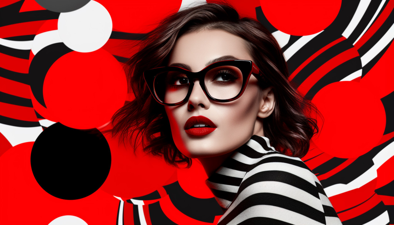 A woman with glasses with abstract background on a red, collage style art